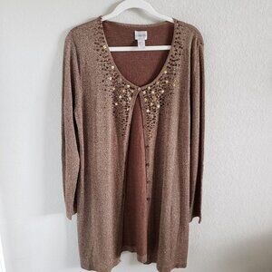 Chico's Woman's Size L (chico 2) Long Length Metallic Cardigan Embellished Neck